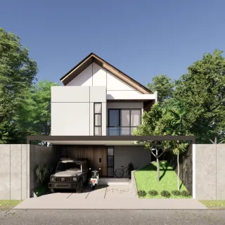 Gambar desain 3D rumah scandinavian di BSD dengan atap pelana dan carport terbuka