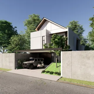 Gambar desain 3D rumah scandinavian di BSD dari sudut jalan
