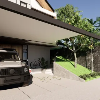 Gambar desain 3D carport dan taman depan rumah scandinavian di BSD