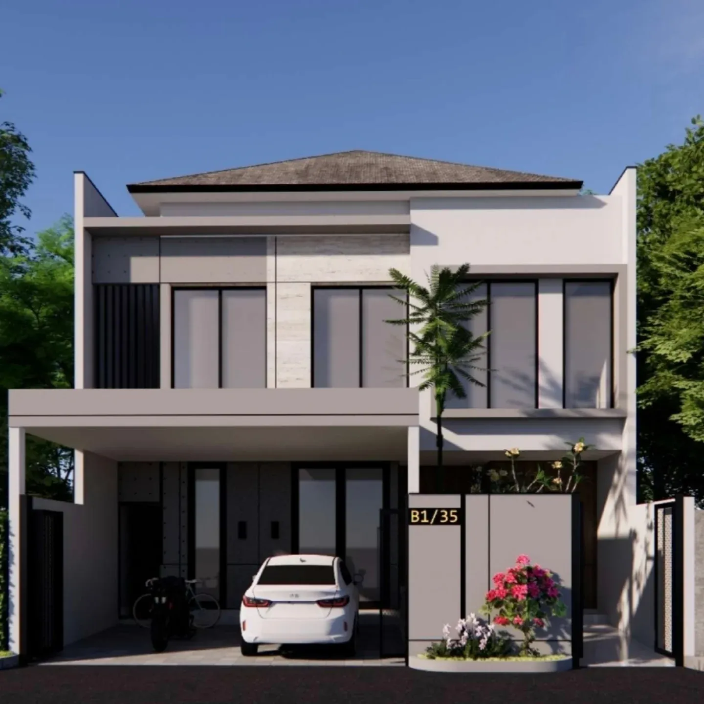 Gambar desain 3D rumah dua lantai di Kebon Jeruk dengan atap limas dan carport