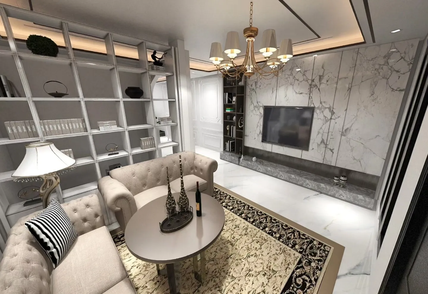 Gambar desain 3D ruang keluarga klasik dengan sofa krem, lampu gantung, dan dinding marmer