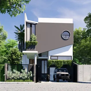 Gambar desain 3D rumah kontemporer di Pancoran dengan jendela bulat dan bidang fasad miring
