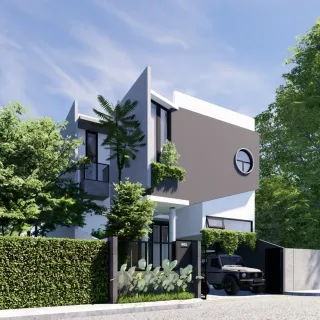 Gambar desain 3D rumah kontemporer di Pancoran dari sisi kiri