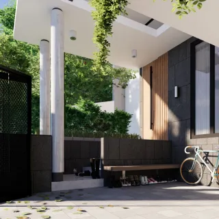 Gambar desain 3D teras dan area masuk rumah kontemporer di Pancoran